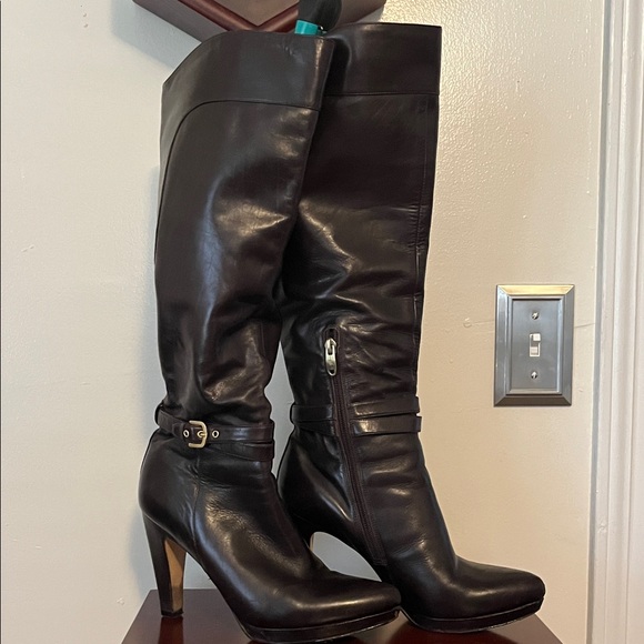 Joan & David Shoes - Brown Leather Knee High Dress Platform Heeled Boots Shaft 14.75 inches